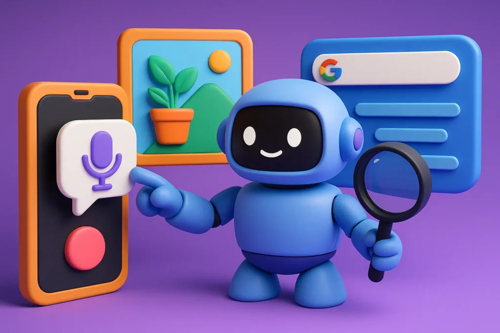 Futuristic AI search experience combining voice, image, and language interfaces