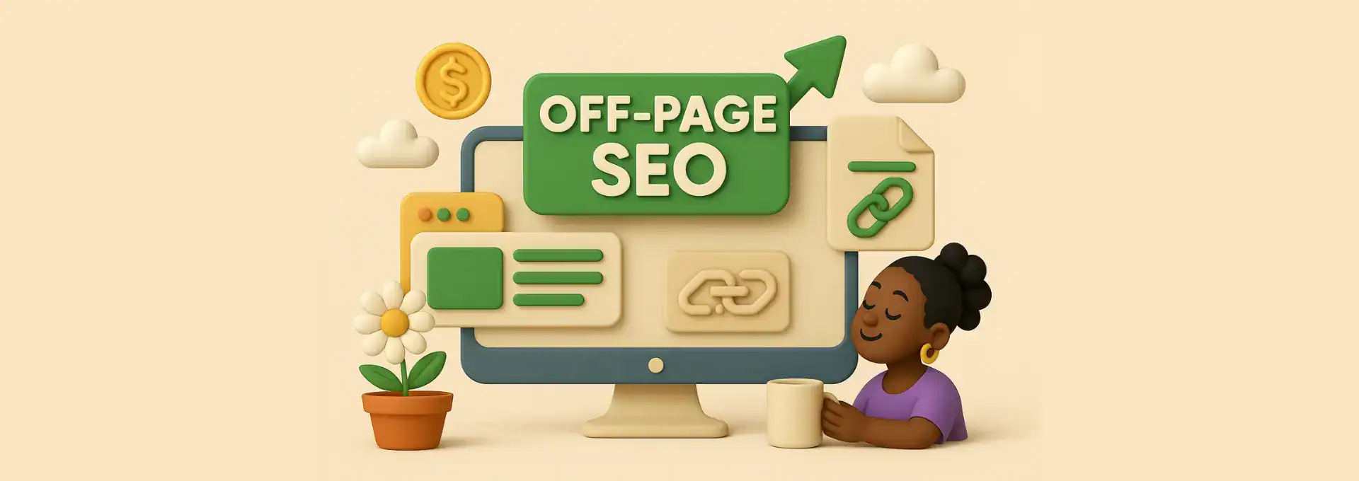 3D illustration representing Off Page SEO services with link-building icons, growth arrow, and a happy user next to a computer screen