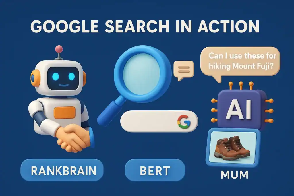 3D illustration of Google’s AI search technologies—RankBrain represented by a friendly robot, BERT by a magnifying glass over a search bar, and MUM by an AI chip analyzing a hiking boot image with a user query bubble.